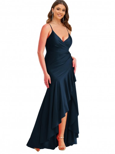 Bleu marine foncé Sirène Bretelles spaghetti Satiné Soyeux Longue Asymétrique Formelles Robes demoiselle d'honneur / Robes de soirée / Robes de bal à Vendre