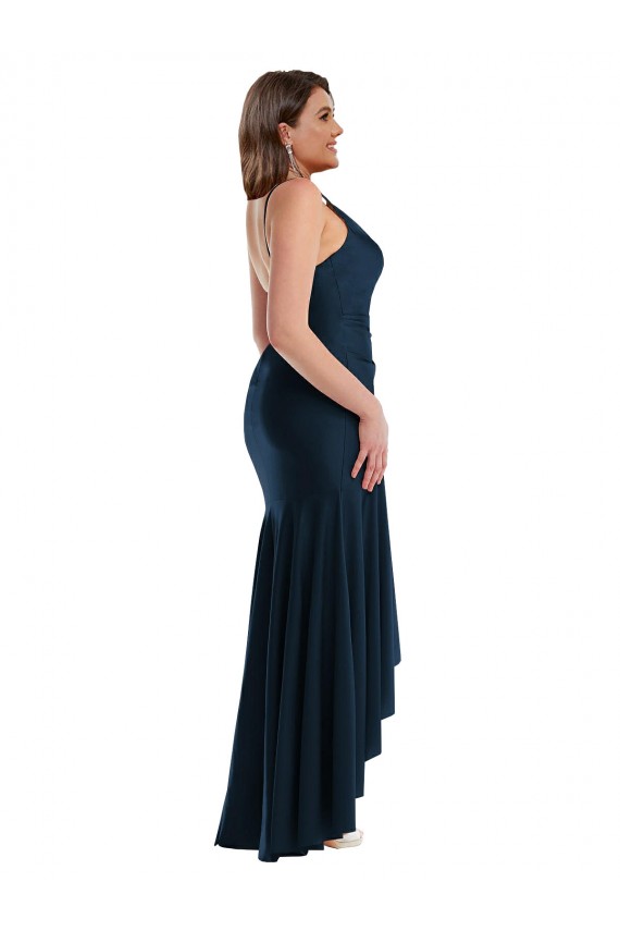 Bleu marine foncé Sirène Bretelles spaghetti Satiné Soyeux Longue Asymétrique Formelles Robes demoiselle d'honneur / Robes de soirée / Robes de bal à Vendre