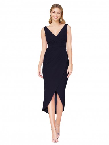 Bleu marine foncé Sirène Col V Crêpe Stretch Courte Asymétrique Robes demoiselle d'honneur / Robes de soirée / Robes de cocktail à Vendre