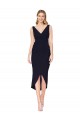 Bleu marine foncé Sirène Col V Crêpe Stretch Courte Asymétrique Robes demoiselle d'honneur / Robes de soirée / Robes de cocktail à Vendre