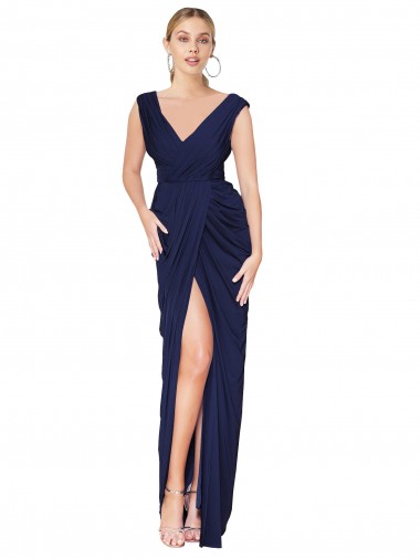 Bleu marine foncé Sirène Col V Mousseline Longue Formelles Robes demoiselle d'honneur / Robes de soirée / Robes de bal à Vendre