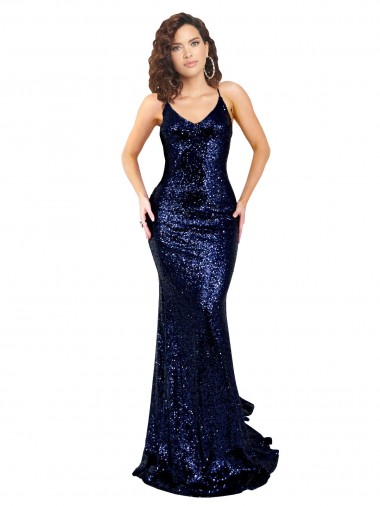 Bleu marine foncé Sirène Col V Paillette Longue Formelles Robes demoiselle d'honneur / Robes de soirée / Robes de bal à Vendre