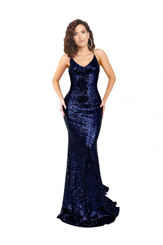 Bleu marine foncé Sirène Col V Paillette Longue Formelles Robes demoiselle d'honneur / Robes de soirée / Robes de bal à Vendre