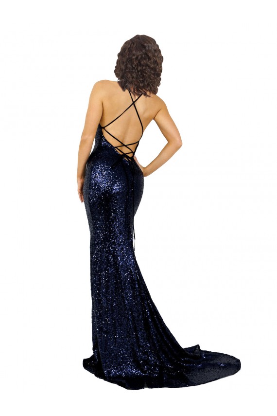 Bleu marine foncé Sirène Col V Paillette Longue Formelles Robes demoiselle d'honneur / Robes de soirée / Robes de bal à Vendre