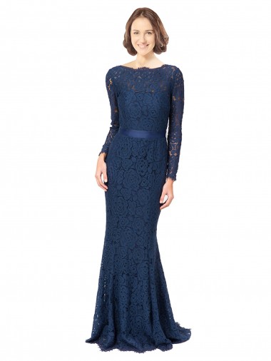 Bleu marine foncé Sirène Col bijou Balayage train Dentelle Longue Robes demoiselle d'honneur à Vendre