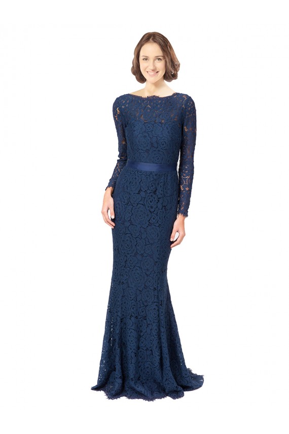 Bleu marine foncé Sirène Col bijou Balayage train Dentelle Longue Robes demoiselle d'honneur à Vendre