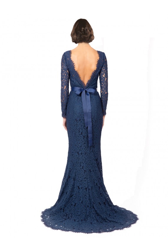 Bleu marine foncé Sirène Col bijou Balayage train Dentelle Longue Robes demoiselle d'honneur à Vendre