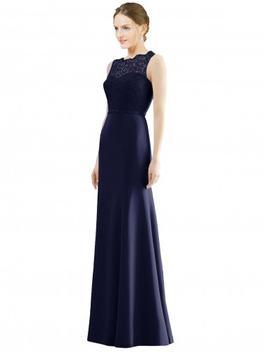 Bleu marine foncé Sirène Illusion Mousseline Dentelle Longue Robes demoiselle d'honneur à Vendre
