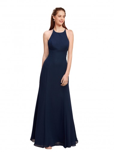 Bleu marine foncé Sirène Licou Col Haut Mousseline Longue Robes demoiselle d'honneur / Robes de bal à Vendre