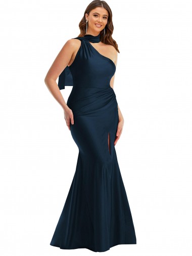 Bleu marine foncé Sirène Licou Satiné Soyeux Longue Formelles Robes demoiselle d'honneur / Robes de soirée / Robes de bal à Vendre