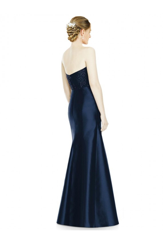 Bleu marine foncé Sirène Sans bretelle Satiné Longue Robes demoiselle d'honneur à Vendre