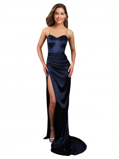 Bleu marine foncé Sirène Satiné Stretch Longue Formelles Robes demoiselle d'honneur / Robes de soirée / Robes de bal à Vendre