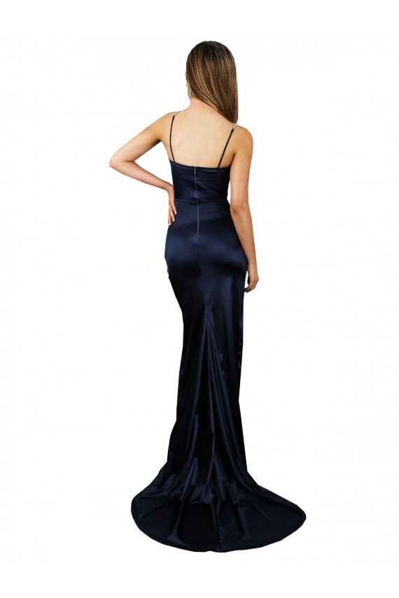 Bleu marine foncé Sirène Satiné Stretch Longue Formelles Robes demoiselle d'honneur / Robes de soirée / Robes de bal à Vendre