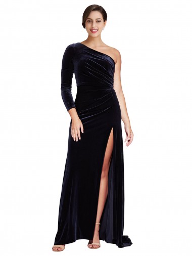 Bleu marine foncé Trapèze Balayage train Velours Stretch Longue Formelles Robes demoiselle d'honneur / Robes de soirée / Robes de bal à Vendre