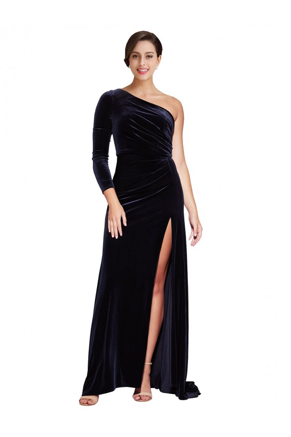Bleu marine foncé Trapèze Balayage train Velours Stretch Longue Formelles Robes demoiselle d'honneur / Robes de soirée / Robes de bal à Vendre