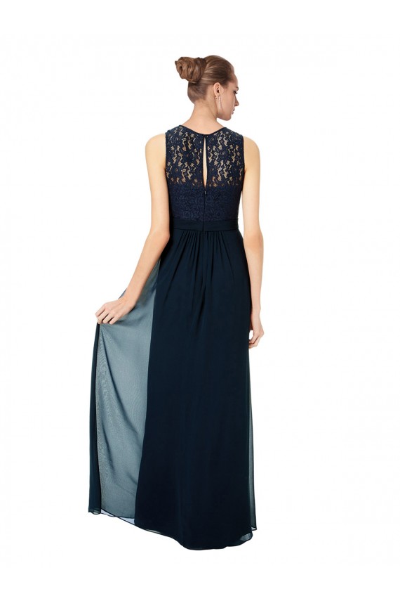 Bleu marine foncé Trapèze Bateau Illusion Mousseline Dentelle Longue Robes demoiselle d'honneur à Vendre