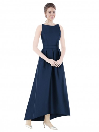 Bleu marine foncé Trapèze Bateau Satiné Longue Asymétrique Robes demoiselle d'honneur à Vendre
