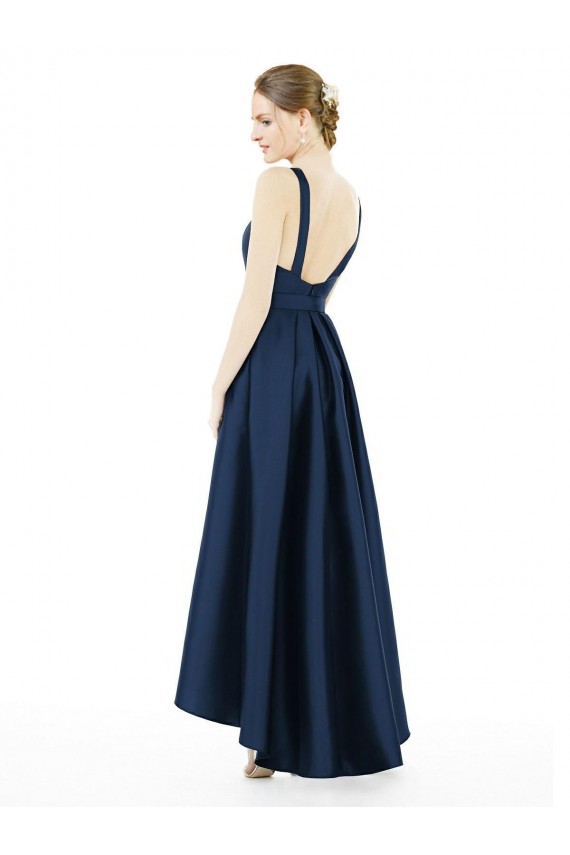 Bleu marine foncé Trapèze Bateau Satiné Longue Asymétrique Robes demoiselle d'honneur à Vendre