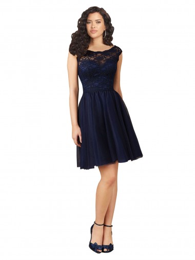Bleu marine foncé Trapèze Bateau Tulle Dentelle Courte Robes demoiselle d'honneur / Robes de cocktail à Vendre