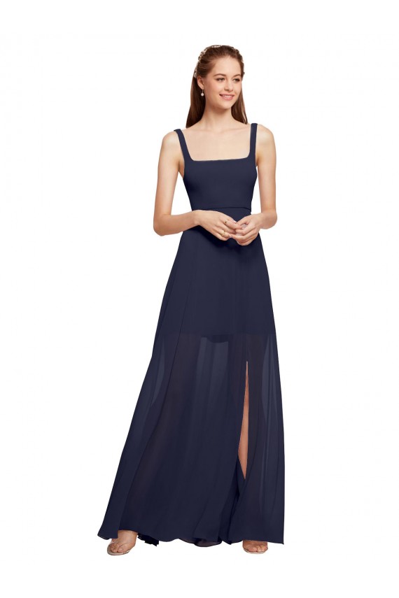 Bleu marine foncé Trapèze Bretelles spaghetti Col Carré Mousseline Longue Robes demoiselle d'honneur à Vendre