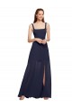 Bleu marine foncé Trapèze Bretelles spaghetti Col Carré Mousseline Longue Robes demoiselle d'honneur à Vendre