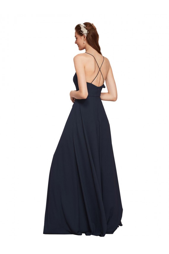 Bleu marine foncé Trapèze Bretelles spaghetti Col V Mousseline Longue Robes demoiselle d'honneur à Vendre