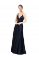 Bleu marine foncé Trapèze Bretelles spaghetti Col V Satiné Longue Robes demoiselle d'honneur / Robes de bal à Vendre