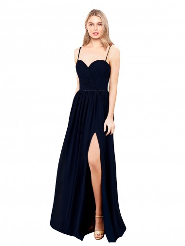 Bleu marine foncé Trapèze Bretelles spaghetti Mousseline Longue Formelles Robes demoiselle d'honneur / Robes de soirée à Vendre