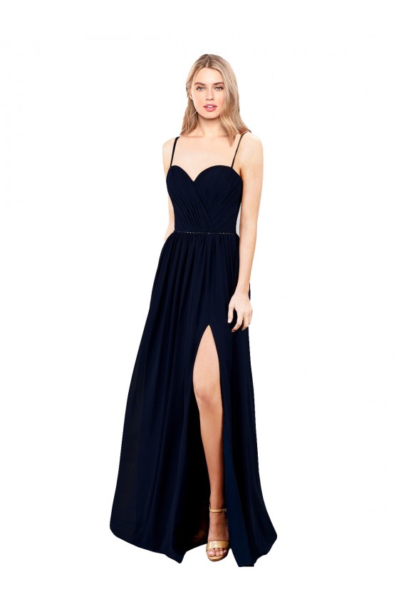 Bleu marine foncé Trapèze Bretelles spaghetti Mousseline Longue Formelles Robes demoiselle d'honneur / Robes de soirée à Vendre