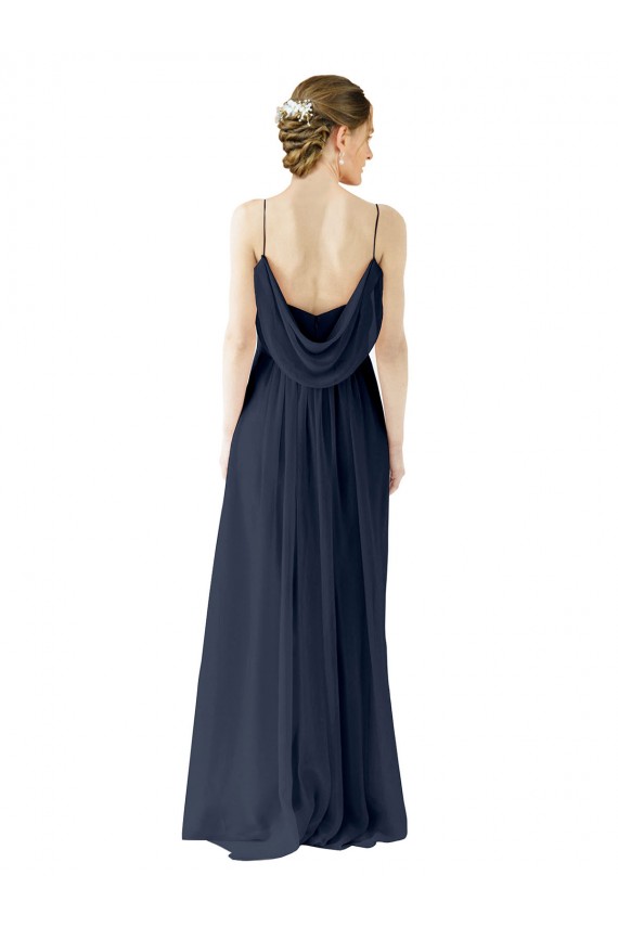Bleu marine foncé Trapèze Bretelles spaghetti Mousseline Longue Robes demoiselle d'honneur à Vendre