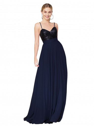 Bleu marine foncé Trapèze Bretelles spaghetti Mousseline Paillette Longue Robes demoiselle d'honneur / Robes de bal à Vendre