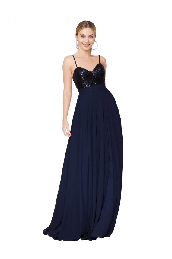 Bleu marine foncé Trapèze Bretelles spaghetti Mousseline Paillette Longue Robes demoiselle d'honneur / Robes de bal à Vendre