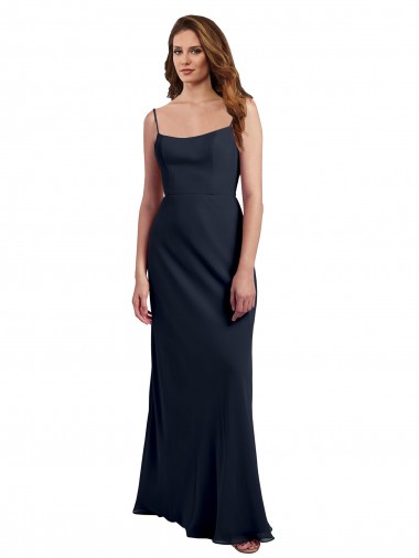 Bleu marine foncé Trapèze Bretelles spaghetti Scoop Mousseline Longue Robes demoiselle d'honneur à Vendre