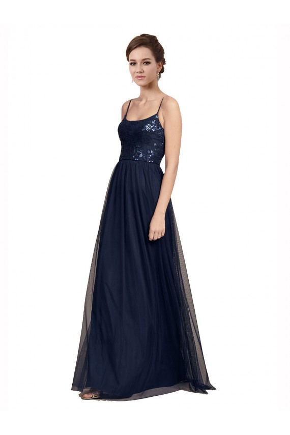 Bleu marine foncé Trapèze Bretelles spaghetti Tulle Dentelle Longue Robes demoiselle d'honneur à Vendre