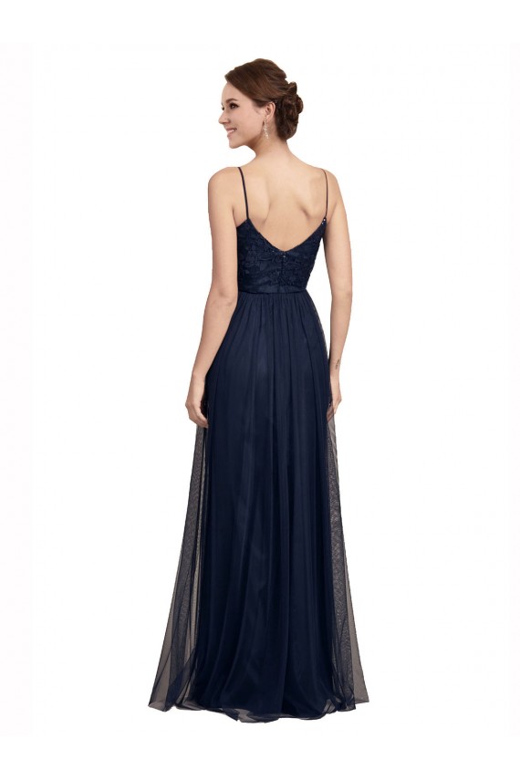 Bleu marine foncé Trapèze Bretelles spaghetti Tulle Dentelle Longue Robes demoiselle d'honneur à Vendre