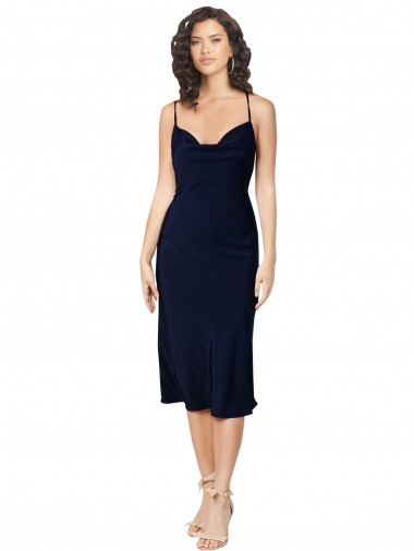 Bleu marine foncé Trapèze Bretelles spaghetti midi Satiné Soyeux Courte Robes demoiselle d'honneur / Robes de soirée / Robes de cocktail à Vendre