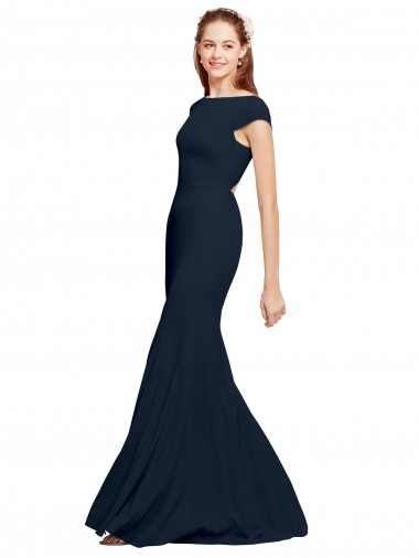 Bleu marine foncé Trapèze Col Bateau Crêpe Stretch Longue Formelles Robes demoiselle d'honneur / Robes de soirée / Robes de bal à Vendre
