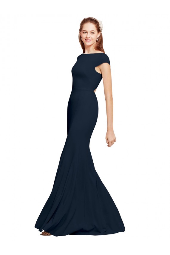Bleu marine foncé Trapèze Col Bateau Crêpe Stretch Longue Formelles Robes demoiselle d'honneur / Robes de soirée / Robes de bal à Vendre