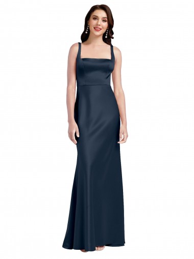 Bleu marine foncé Trapèze Col Carré Satiné Stretch Longue Formelles Robes demoiselle d'honneur / Robes de soirée / Robes de bal à Vendre