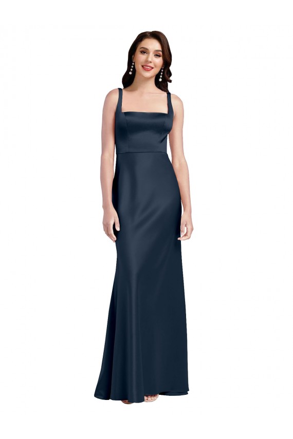 Bleu marine foncé Trapèze Col Carré Satiné Stretch Longue Formelles Robes demoiselle d'honneur / Robes de soirée / Robes de bal à Vendre