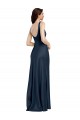 Bleu marine foncé Trapèze Col Carré Satiné Stretch Longue Formelles Robes demoiselle d'honneur / Robes de soirée / Robes de bal à Vendre