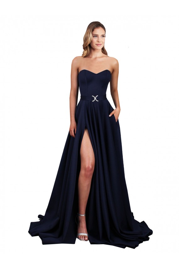 Bleu marine foncé Trapèze Col Haut Crêpe Stretch Longue Formelles Robes demoiselle d'honneur / Robes de soirée / Robes de bal à Vendre