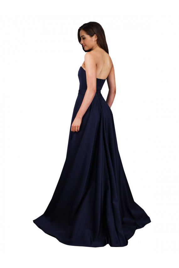 Bleu marine foncé Trapèze Col Haut Crêpe Stretch Longue Formelles Robes demoiselle d'honneur / Robes de soirée / Robes de bal à Vendre
