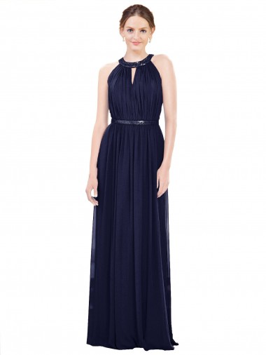 Bleu marine foncé Trapèze Col Haut Mousseline Longue Robes demoiselle d'honneur à Vendre