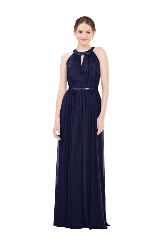Bleu marine foncé Trapèze Col Haut Mousseline Longue Robes demoiselle d'honneur à Vendre