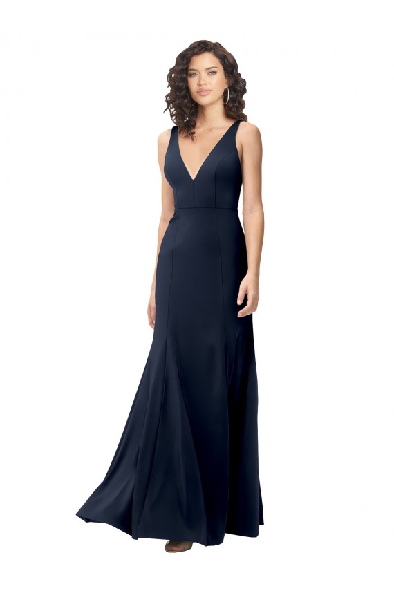 Bleu marine foncé Trapèze Col V Crêpe Stretch Longue Formelles Robes demoiselle d'honneur / Robes de soirée / Robes de bal à Vendre
