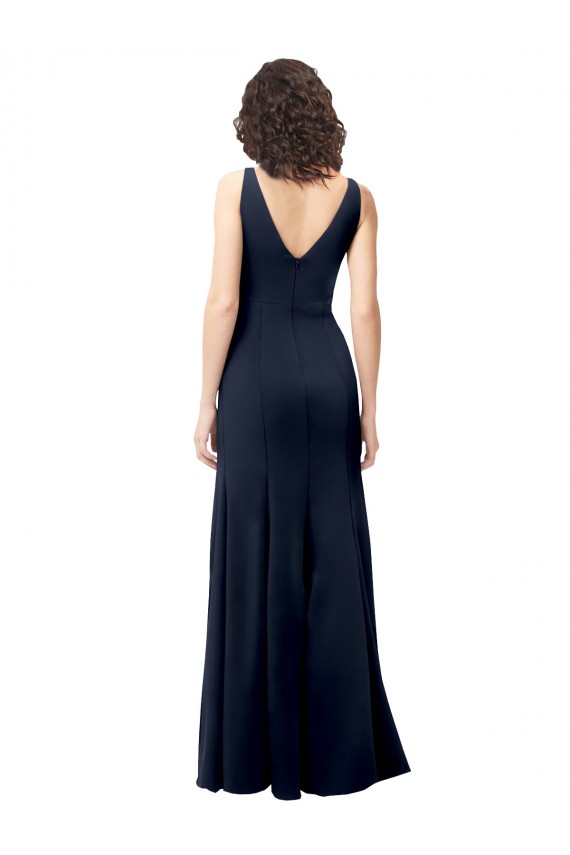 Bleu marine foncé Trapèze Col V Crêpe Stretch Longue Formelles Robes demoiselle d'honneur / Robes de soirée / Robes de bal à Vendre