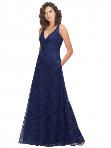 Bleu marine foncé Trapèze Col V Dentelle Longue Robes demoiselle d'honneur à Vendre