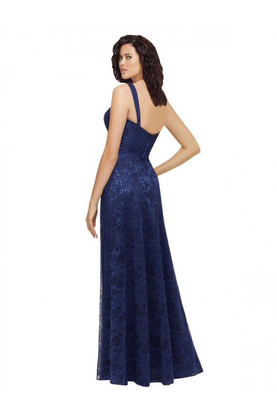 Bleu marine foncé Trapèze Col V Dentelle Longue Robes demoiselle d'honneur à Vendre