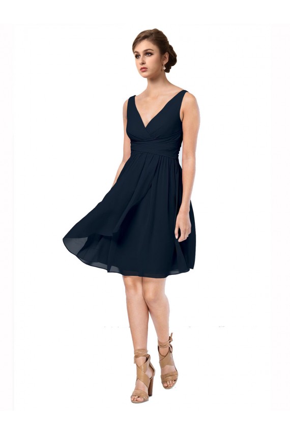 Bleu marine foncé Trapèze Col V Mousseline Courte Robes demoiselle d'honneur / Robes de cocktail à Vendre